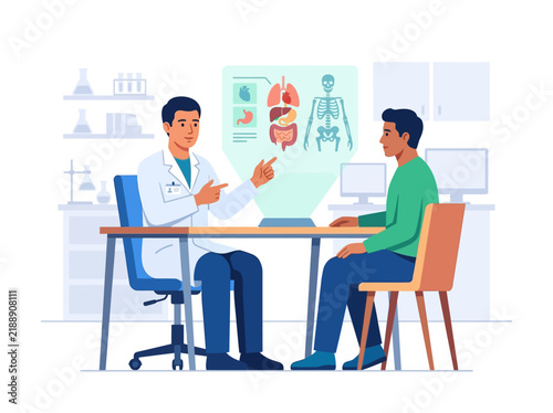 Doctor Explaining Human Anatomy To Patient Using Holographic Display