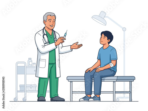 Doctor Explaining Injection To Young Patient In Clinic Examination Room