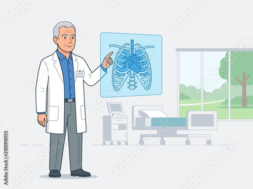 Doctor Explaining Human Thorax Anatomy On Digital Display In Hospital Room
