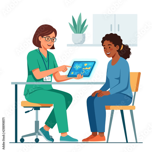Doctor Explaining Medical Data On Tablet To Patient