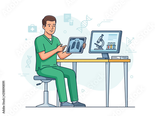 Doctor Explaining Medical X-ray Findings On A Computer Screen