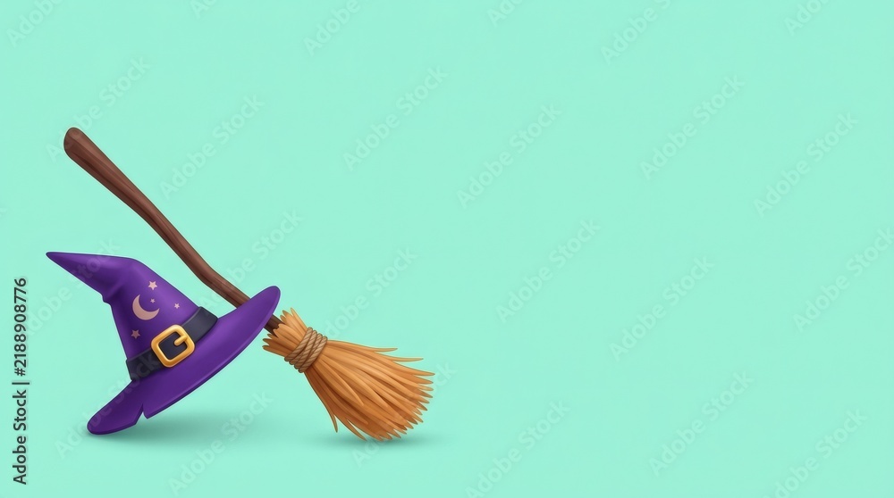 Fototapeta premium Mint Blue Backdrop 3D Vector Witch Hat Broom Crossed Together Bottom Left Right Clear