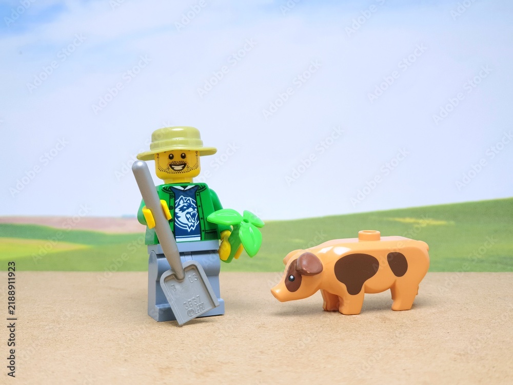 Fototapeta premium Indonesia - November 23, 2023 : Mini toy figure of lego at table with blurred background. Farmer concept design.