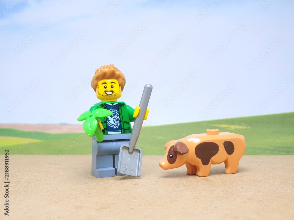 Fototapeta premium Indonesia - November 23, 2023 : Mini toy figure of lego at table with blurred background. Farmer concept design.
