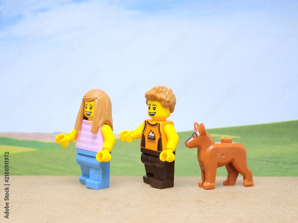 Fototapeta premium Indonesia - November 24, 2023 : Mini toy figure of lego at table with blurred background. Toy photography concept design.