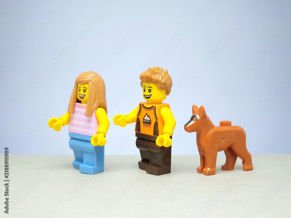 Fototapeta premium Indonesia - November 24, 2023 : Mini toy figure of lego at table with blurred background. Toy photography concept design.