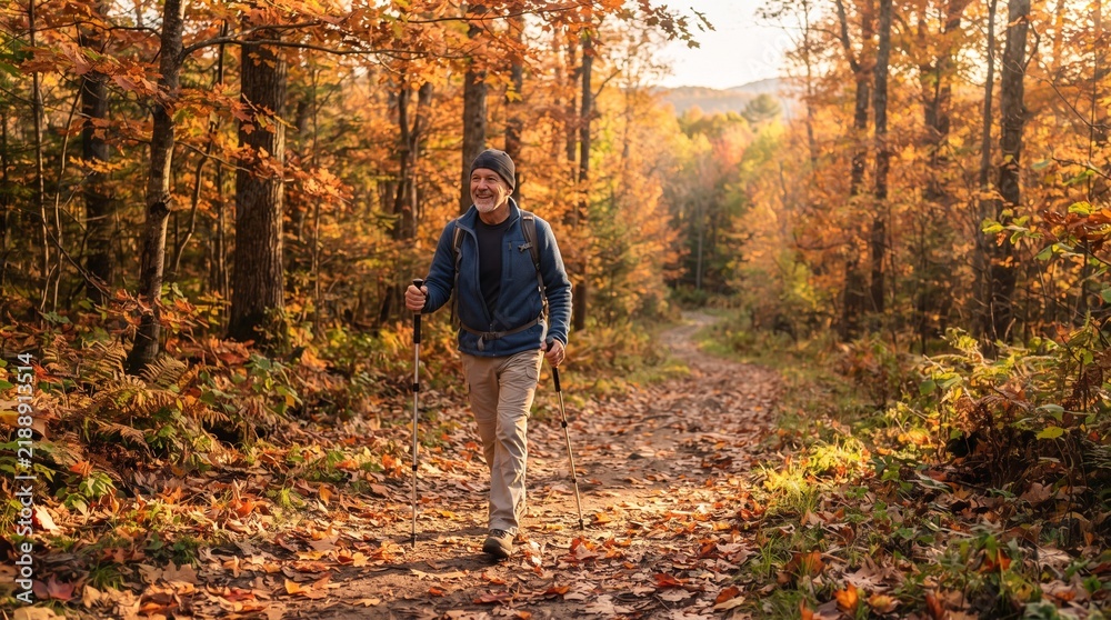 Obraz premium Smiling older man with beard hiking on a forest path covered in autumn leaves using trekking poles
