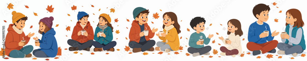Fototapeta premium vector of a two children sitting on a floor drinking warm coffee and chatting in autumn
