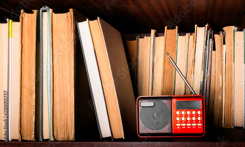 Photo of small pocket radio receiver standing on bookshelf.