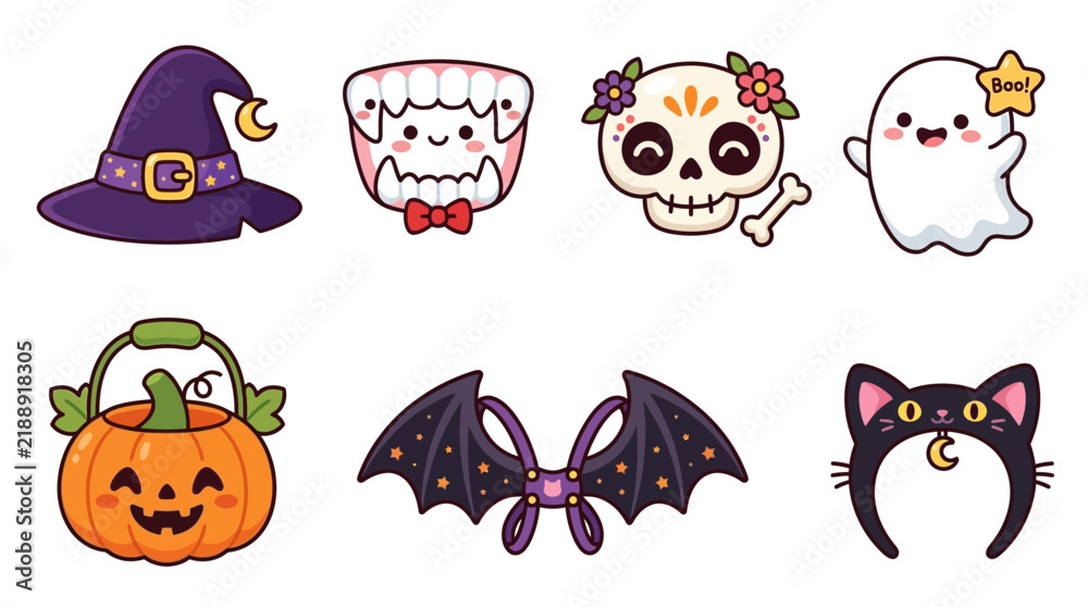 Fototapeta premium Cute Halloween Illustration Set with Kawaii Spooky Character Elements