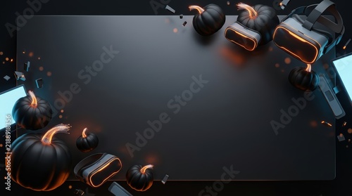 High-Tech Halloween Virtual Party Banner with Black Matte Pumpkins, VR Headsets, and Glowing Accents on Dark Metallic Surface with Large Central Copy Space for SaaS Marketing