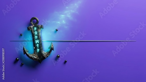 Eerie Cosmic Horror Minimalist Banner with Ancient Glowing Anchor on Violet Surface and Large Copy Space