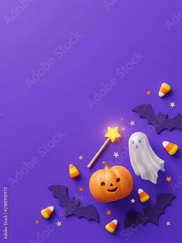 Minimalist Halloween Flatlay with Pumpkin, Ghost, and Magic Wand on Purple Background with Large Copy Space for Commercial Campaign