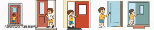 Set of vector little boy opening the door