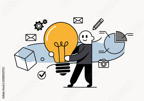 Smiling character holding a glowing lightbulb with gears, pie chart, and camera icons, concept for creativity, innovation and business solutions.