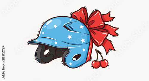 Stylized blue baseball helmet with white stars and red bow, isolated on transparent background, concept for sports gifts, holiday promotions and team spirit merchandise.