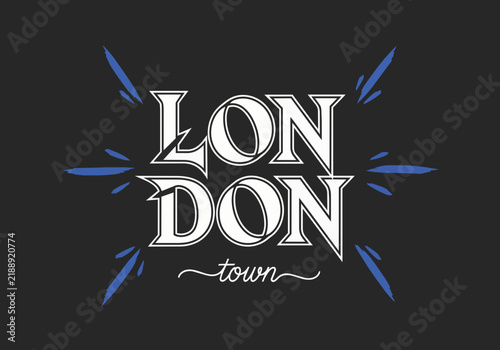 Stylized 'London town' lettering with decorative blue bursts, isolated on transparent alpha, perfect for travel promotion, city branding and graphic design elements.
