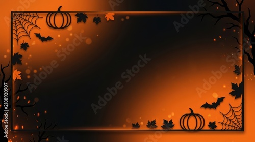 Minimalist Halloween Banner Background with Orange and Black Gradient, Pumpkin Silhouettes, Bats, and Spooky Branches for Autumn Advertising Copy Space