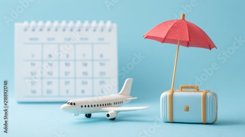 Airplane, suitcase and umbrella on white calendar background, travel holiday and annual leave planning concept for vacation, relaxation, paid time off, employee pto, business leave, summer getaway and