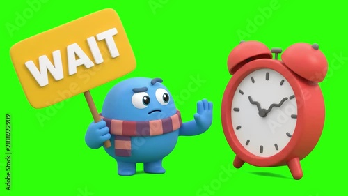 A 3D animated blue monster in a scarf holding a yellow Wait sign next to a red retro alarm clock on a chroma key green background. Ideal for delay notices, countdown timers, waiting screens, time mana