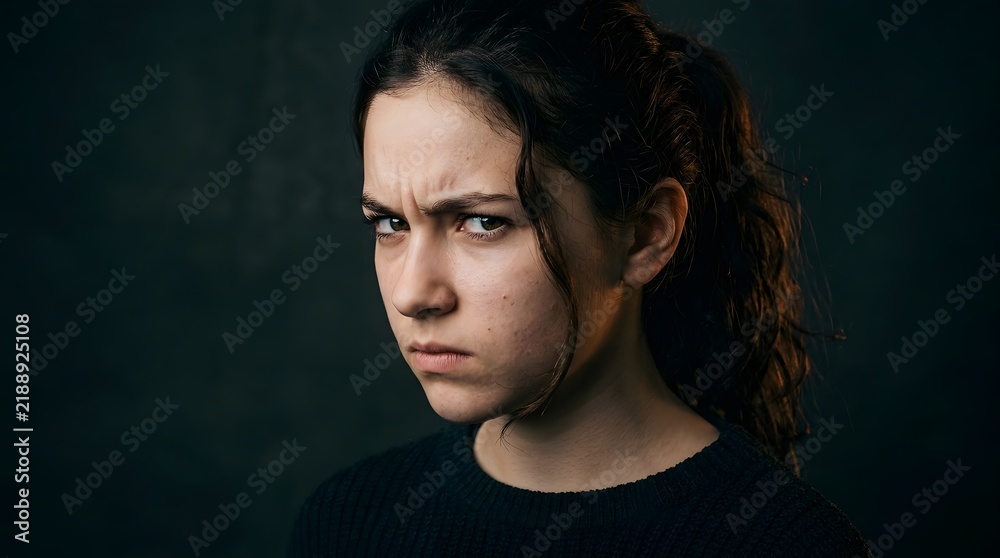 Fototapeta premium Woman with Stern Suspicious Gaze in Dark Studio Portrait