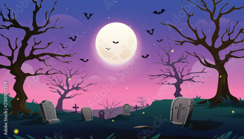 Spooky graveyard landscape with ancient tombstones surrounded by bare trees under glowing full moon. Vector cartoon illustration