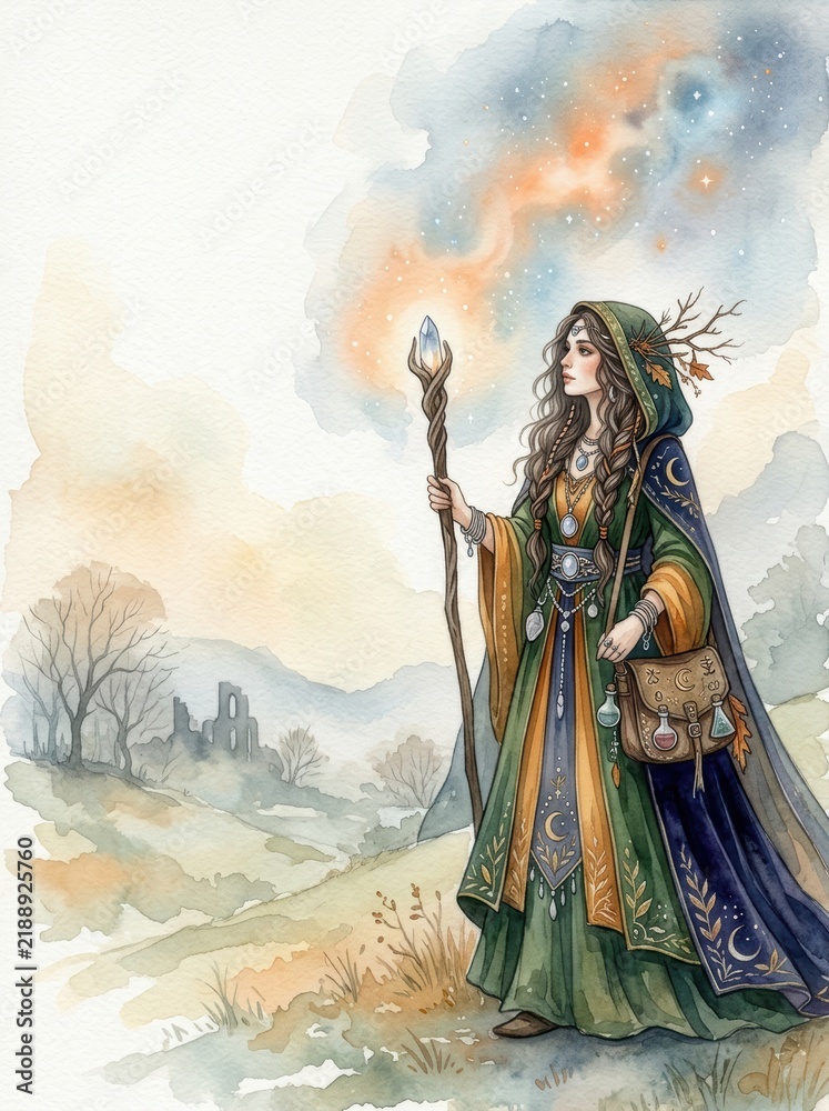 Fototapeta premium Ethereal Fantasy Sorceress Watercolor Illustration with Magic Staff in Mystical Landscape