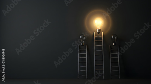 creative business idea with glowing light bulb and ladder on dark background
