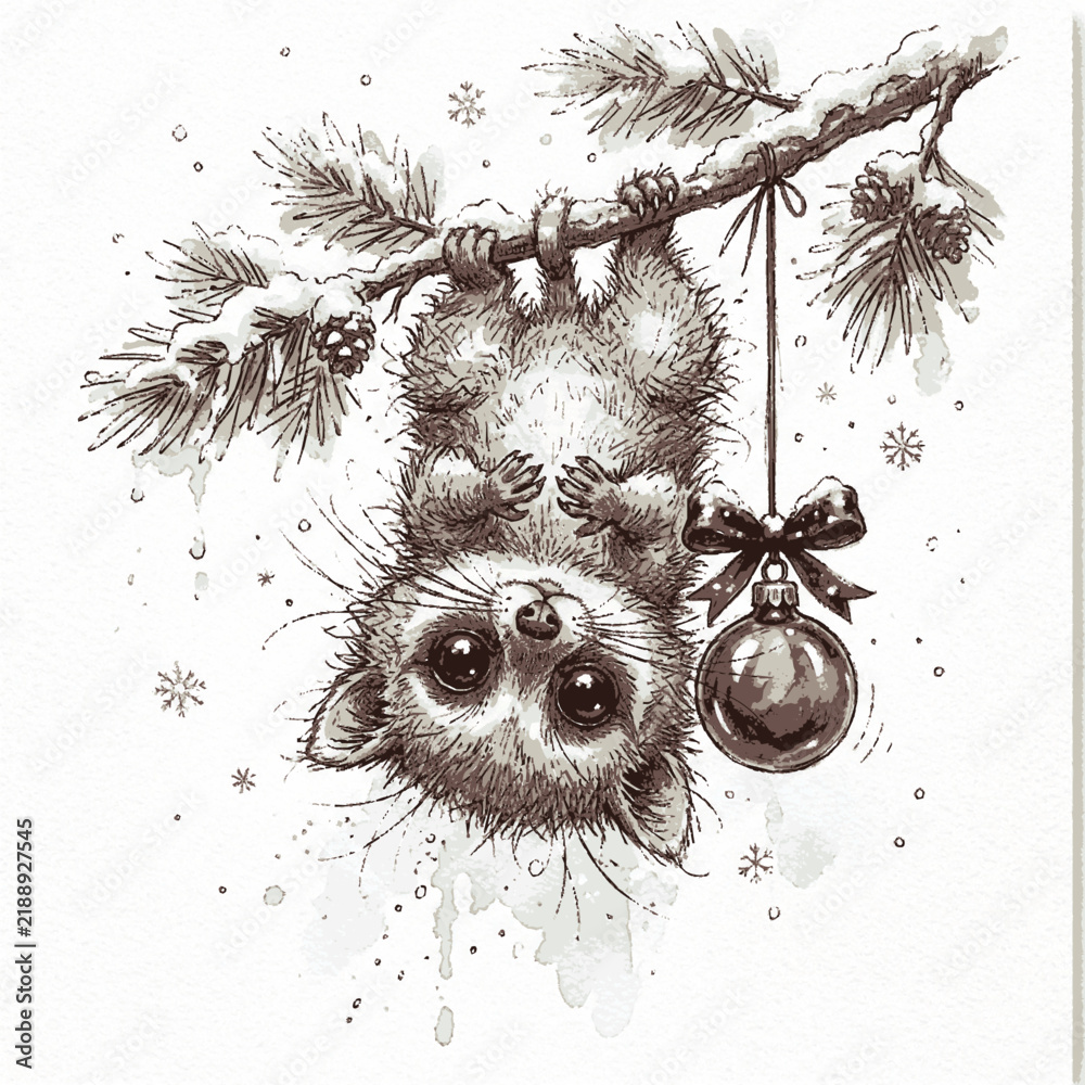 Obraz premium A cute fluffy creature hangs upside down from a snowy pine branch with a christmas ornament in a winter setting with hanging holiday bauble