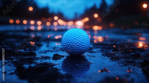 A vibrant blue golf ball sits in a puddle on a dark, wet road at night, illuminated by city lights