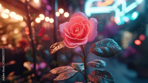 A vibrant pink rose glows in a neon-lit urban setting