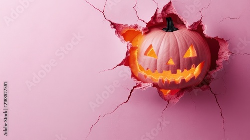 A vibrant pink pumpkin, lit from within, peeks through a hole in a cracked pink surface