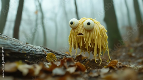 A whimsical, pasta-monster figure in a misty forest