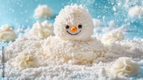 A whimsical snowman confection, nestled in a bed of powdered 