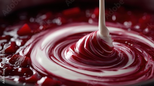 Swirl of cream into deep red fruit compote viewed up close