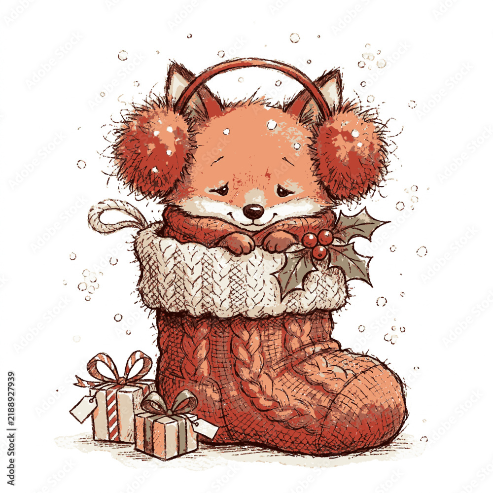 Fototapeta premium A cute cartoon fox cub wearing earmuffs sits inside a large knitted holiday stocking with gifts with stocking decorated holly
