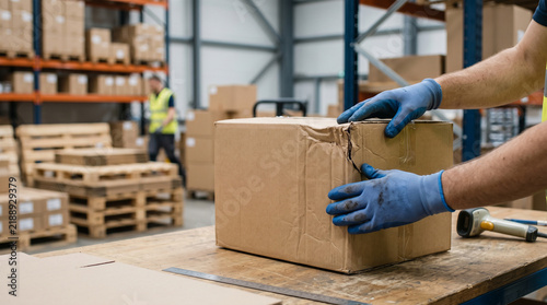 A person wearing blue gloves is carefully handling a damaged cardboard box in a warehouse setting, with shelves of packages and a blurred figure in the background