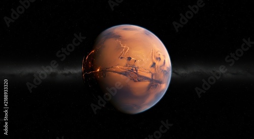 Mars planet with glowing cities in dark space
