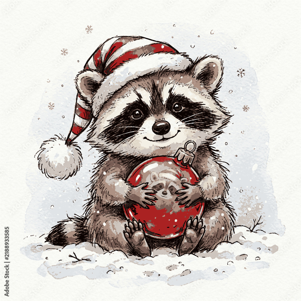 Fototapeta premium A cute raccoon cub wearing a festive striped hat while holding a red holiday ornament in snow with ornament with winter hat sits