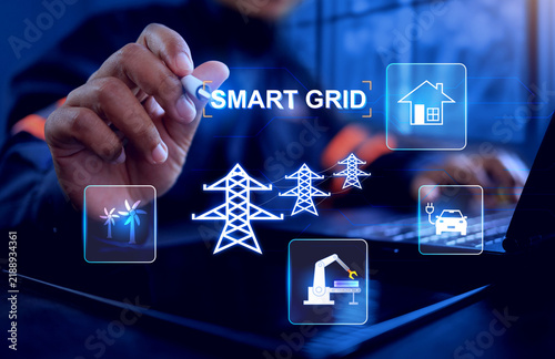smart grid concept with a power plant engineer working on virtual dashboard to monitoring system