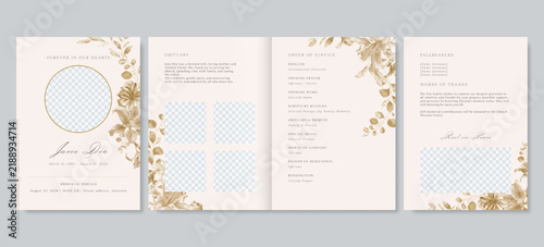 Elegant floral funeral program template, gold lilies and leaves memorial service vector
