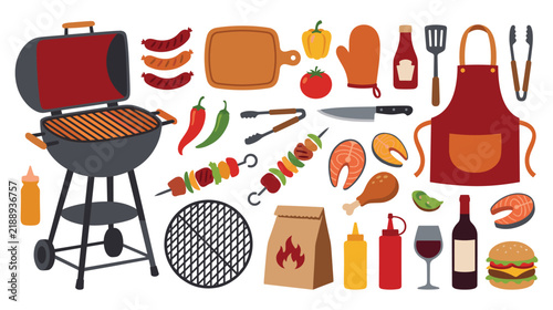 Barbecue tools set with charcoal grill meat salmon and aprons.