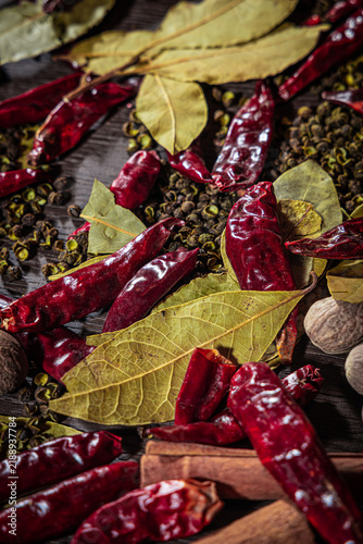 Assorted spices with cinnamon bay and pepper