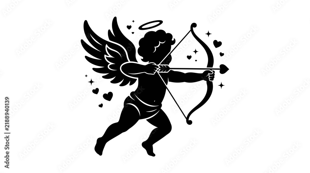 Fototapeta premium Black and white silhouette illustration of Cupid holding a bow and arrow for Valentine Day.