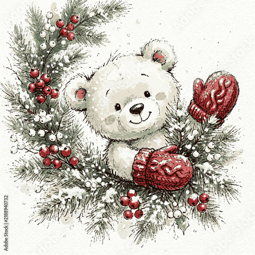 A cute cream colored teddy bear wearing red knitted mittens peeking through festive winter pine branches with mittens emerges
