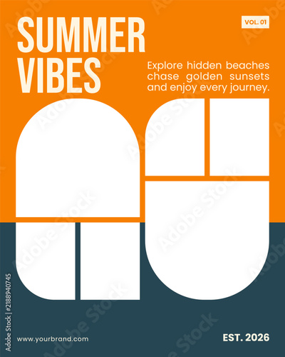 Vibrant orange and teal summer vibes photo collage poster template for tropical vacation