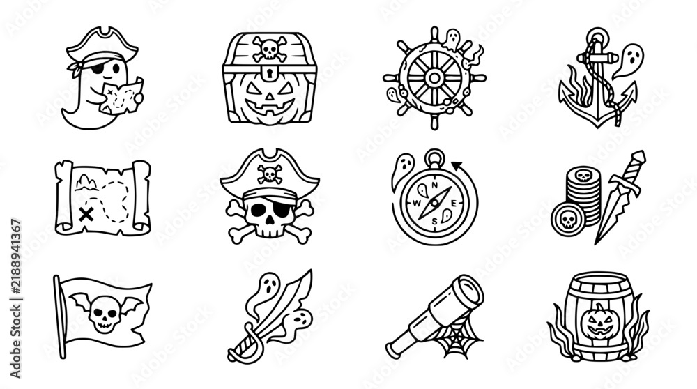 Fototapeta premium Pirate Ghost Icons Set: Treasure Map, Skull, Anchor, Compass, Spyglass
