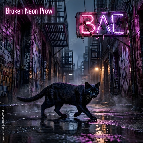 
Black Cat Prowling Dark Alley with Broken Neon Sign at Night
