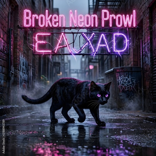 
Black Cat Prowling Dark Alley with Broken Neon Sign at Night