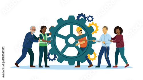Diverse Team Working Together To Move Large Industrial Gears